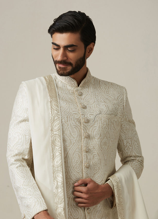 Classy White Patterned Sherwani Set image number 0